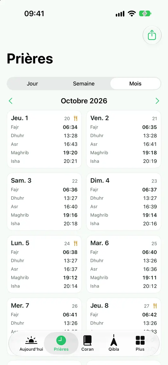 Horaires du mois
